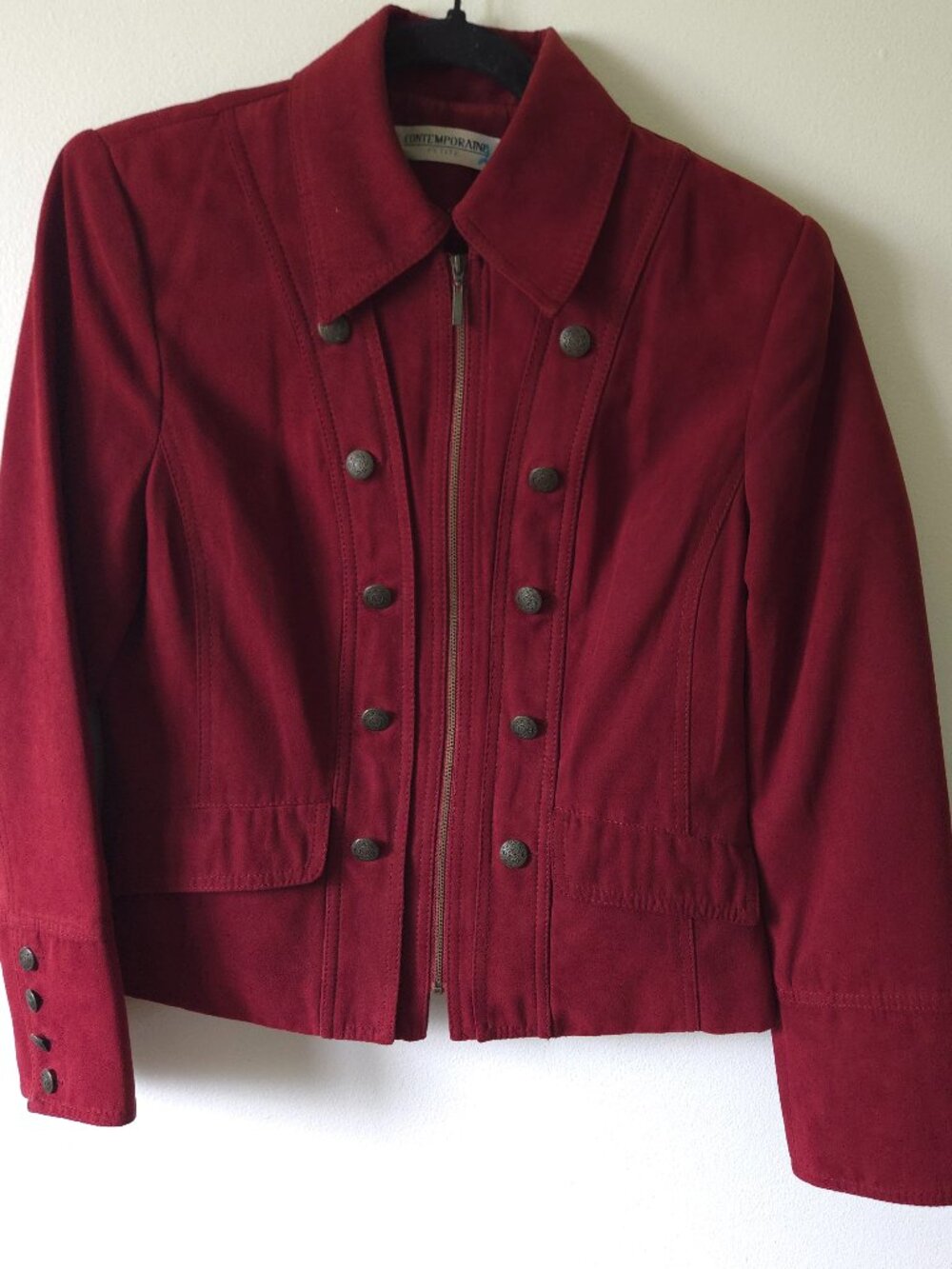 Contemporaine Petite Faux Suede Military Jacket Red Zip Front